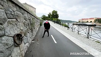 Outdoor pissing solo with a smiling hot blonde Claudia Macc