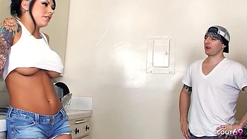 Inked Big Boobs tanned Bombshell Mason Moore seduce her Big Dick Co-Worker to Fuck at Break in kitchen