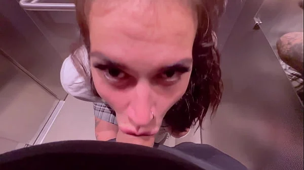 Beautiful girl Instagram blogger sucks in the elevator of the store and gets a facial