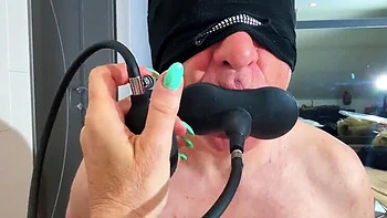 MILF Mistress Inflates Gag, Sissy Husband Suffocates in Cage