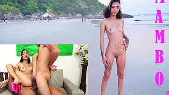 Khali Noire cachonda desnuda chupando pollas en playa nudista