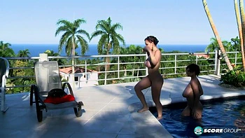 Dünne Milf mit großen Titten Valory & Lana spielen draußen