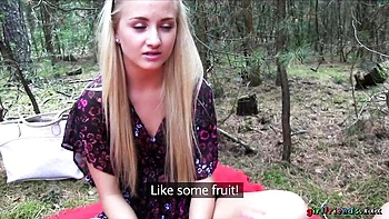Kitten Strips, Licks Pussy & Fingering Outdoors