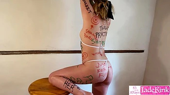 Submissive cum slave tied up, body writing humiliation and rough sex