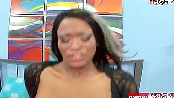 Skinny Ebony In Over Knee Leather Boots Enjoying The Big Dick