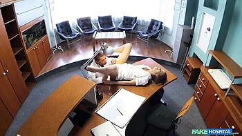 Beautiful office fuck in the cowgirl pose with a long-legged model Kiss